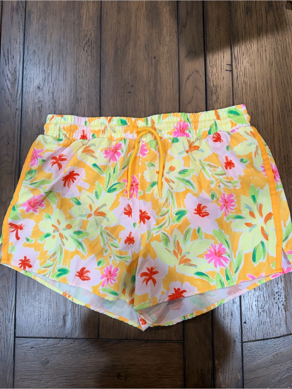 crown & ivy Yellow Floral Athletic Shorts with Pink & Green Accents